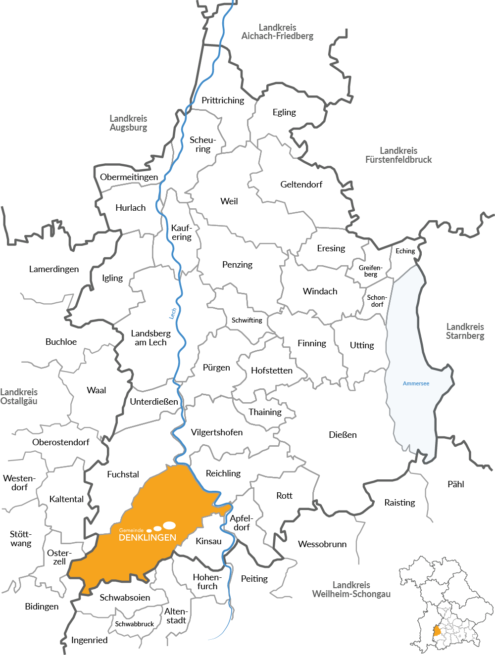 Verbreitungsgebiet des Mitteilungsblatts Denklingen auf der Landkarte des Landkreises Landsberg am Lech